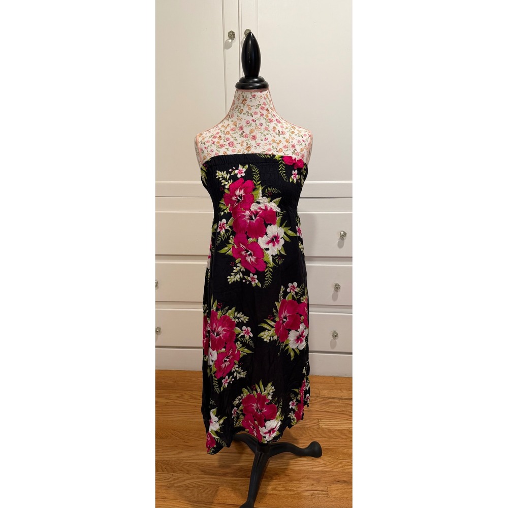 Lady Tropical Hibiscus Floral Smocked Cotton Midi Skirt Strapless Dress Black XL